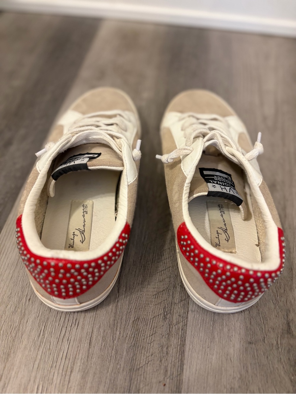 Vintage Havana Beige & White Sneakers with Red Heel - Picture 6 of 6